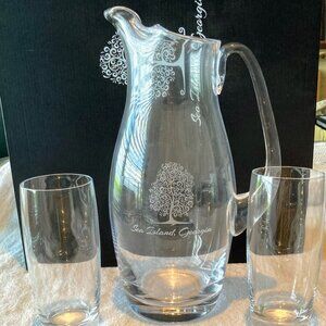 Tall Glass Pitcher Sea Island Resort GA + 2 Glasses Iced Tea Water New Gift Box